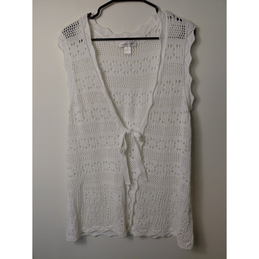 Christopher & Banks Open Knit Ramie Cotton Tie Front Sweater Vest White Size XL